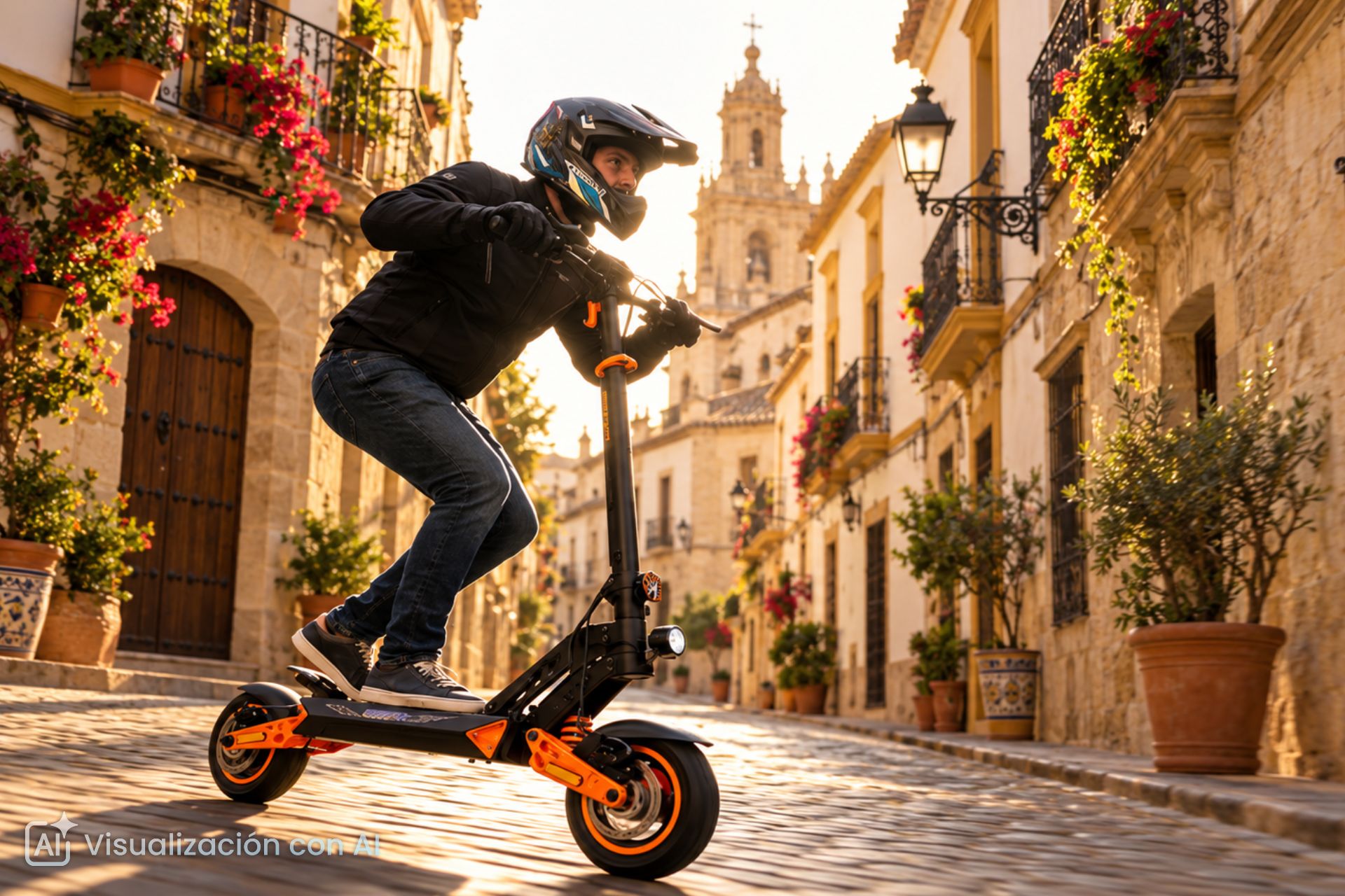 Imagen generada con IA de un patinete el&eacute;ctrico 1000W Kamikaze K1 Plus circulando por una calle hist&oacute;rica en Espa&ntilde;a.