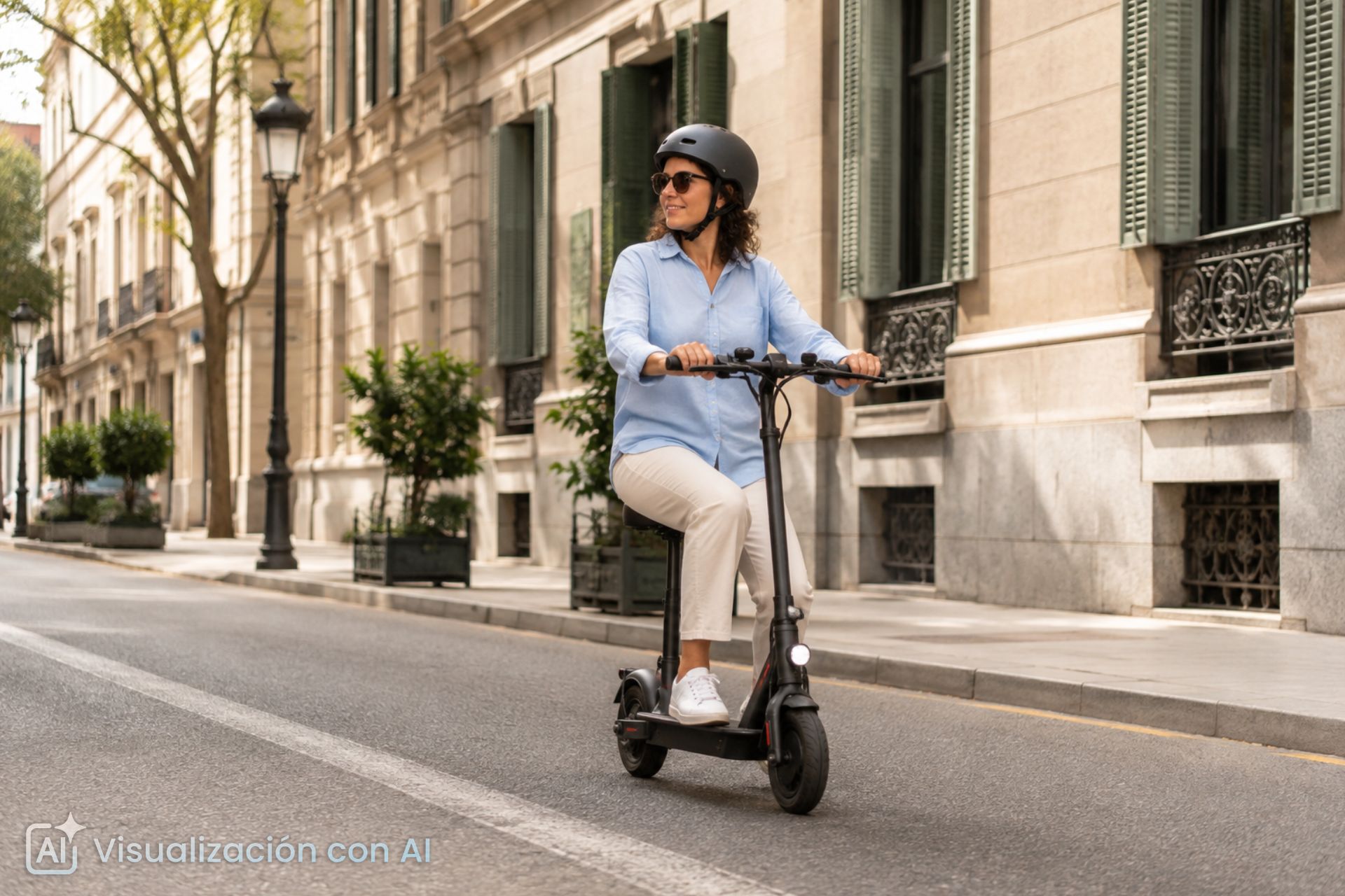 Mujer de unos 30 a&ntilde;os con casco tipo skater conduciendo un patinete el&eacute;ctrico con asiento por una calle de una ciudad espa&ntilde;ola