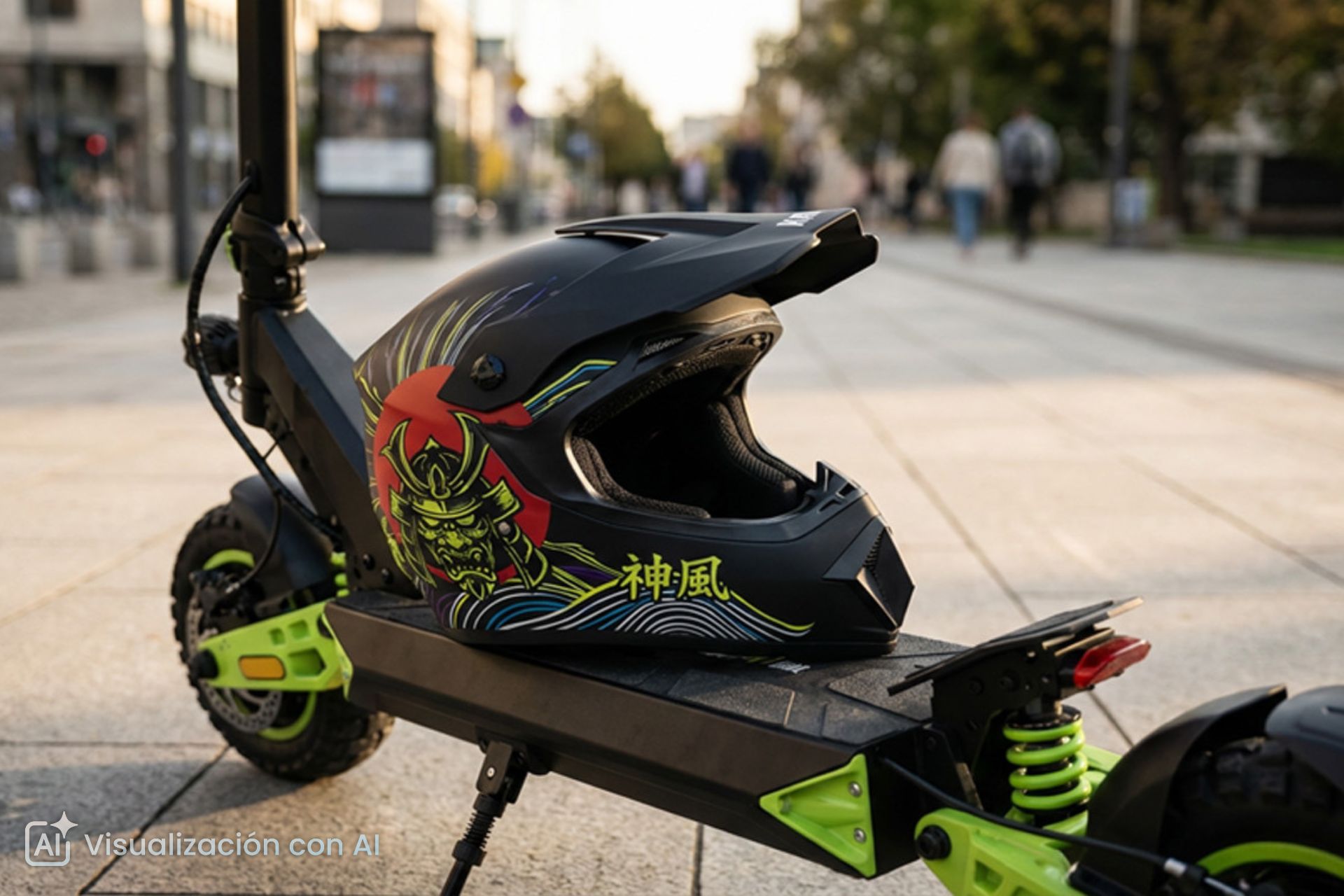 Casco integral colocado sobre la plataforma de un patinete el&eacute;ctrico estacionado en una zona urbana. Imagen generada con inteligencia artificial.