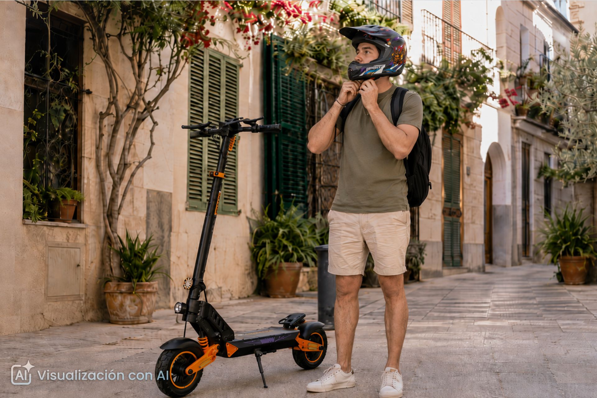 Hombre adulto prepar&aacute;ndose para circular en patinete el&eacute;ctrico en una calle de un pueblo espa&ntilde;ol, ajust&aacute;ndose un casco integral Kamikaze junto al veh&iacute;culo. Imagen generada con inteligencia artificial.