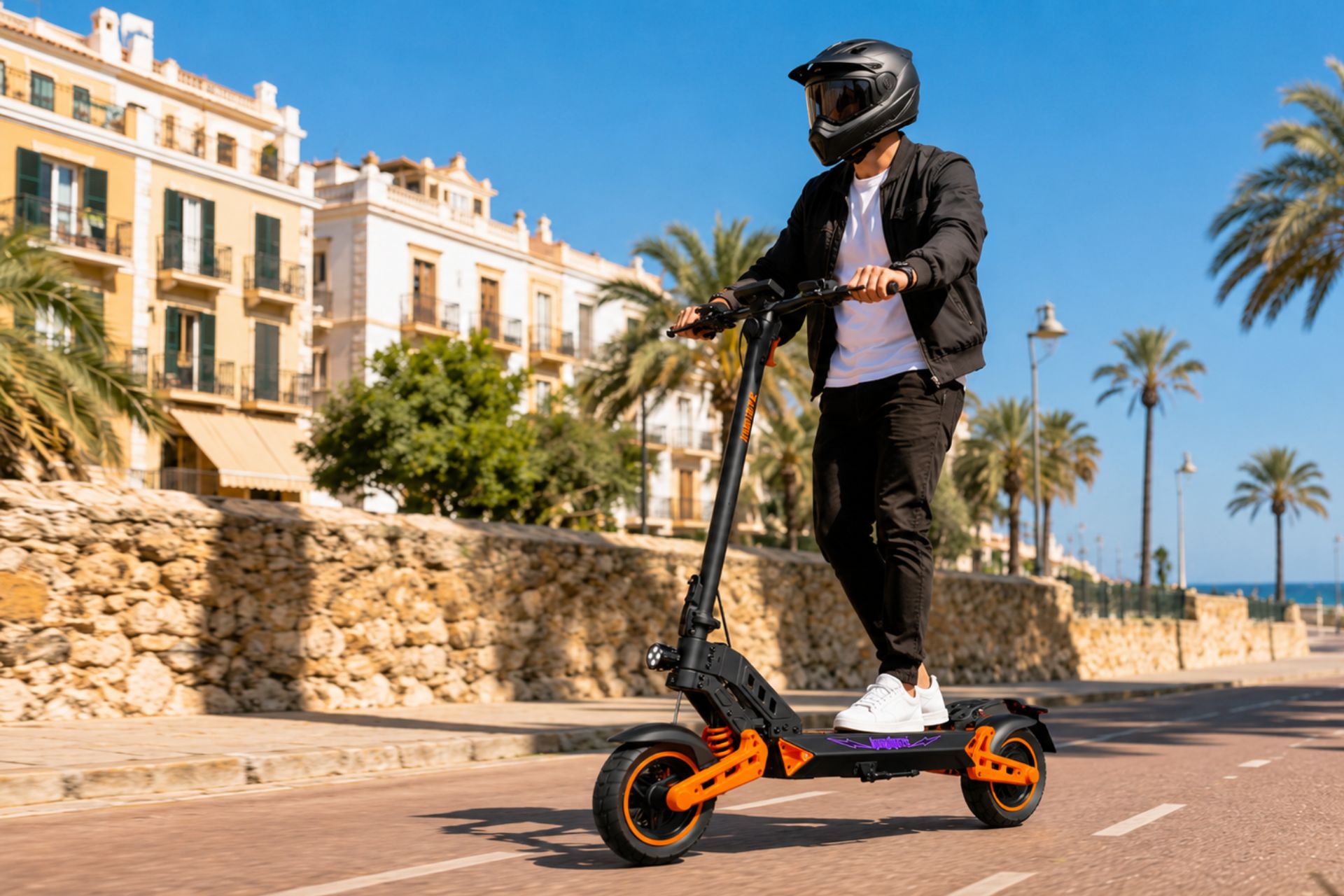 Un joven con casco integral conduciendo un patinete el&eacute;ctrico Kamikaze K1 Lite por un pueblo espa&ntilde;ol.